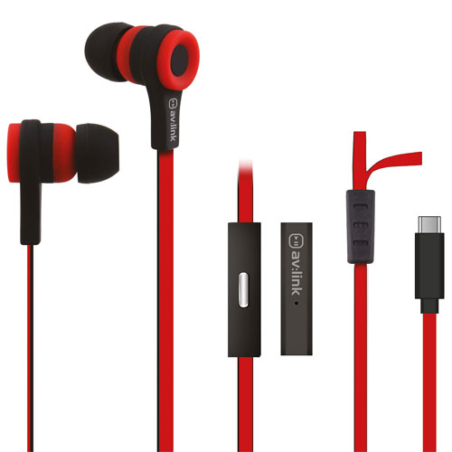 av:link Rubberised Stereo Earphones with Hands-free – Red/Black - USB-C